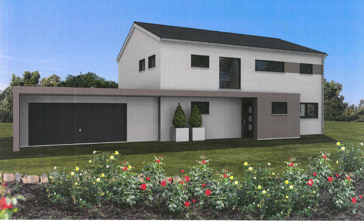 Modernes zweigeschossiges Haus mit großer Garage, Eingangsbereich und Garten