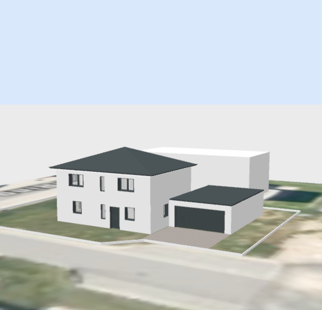 Moderne zweistöckige Villa mit dunklem Garagentor und Einfahrt auf dem Grundstück.