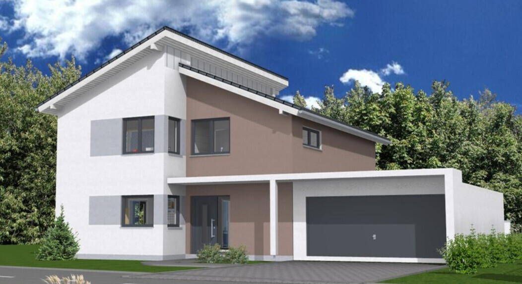 Modernes zweistöckiges Haus mit weißer Fassade, brauner Akzentwand und Garage.