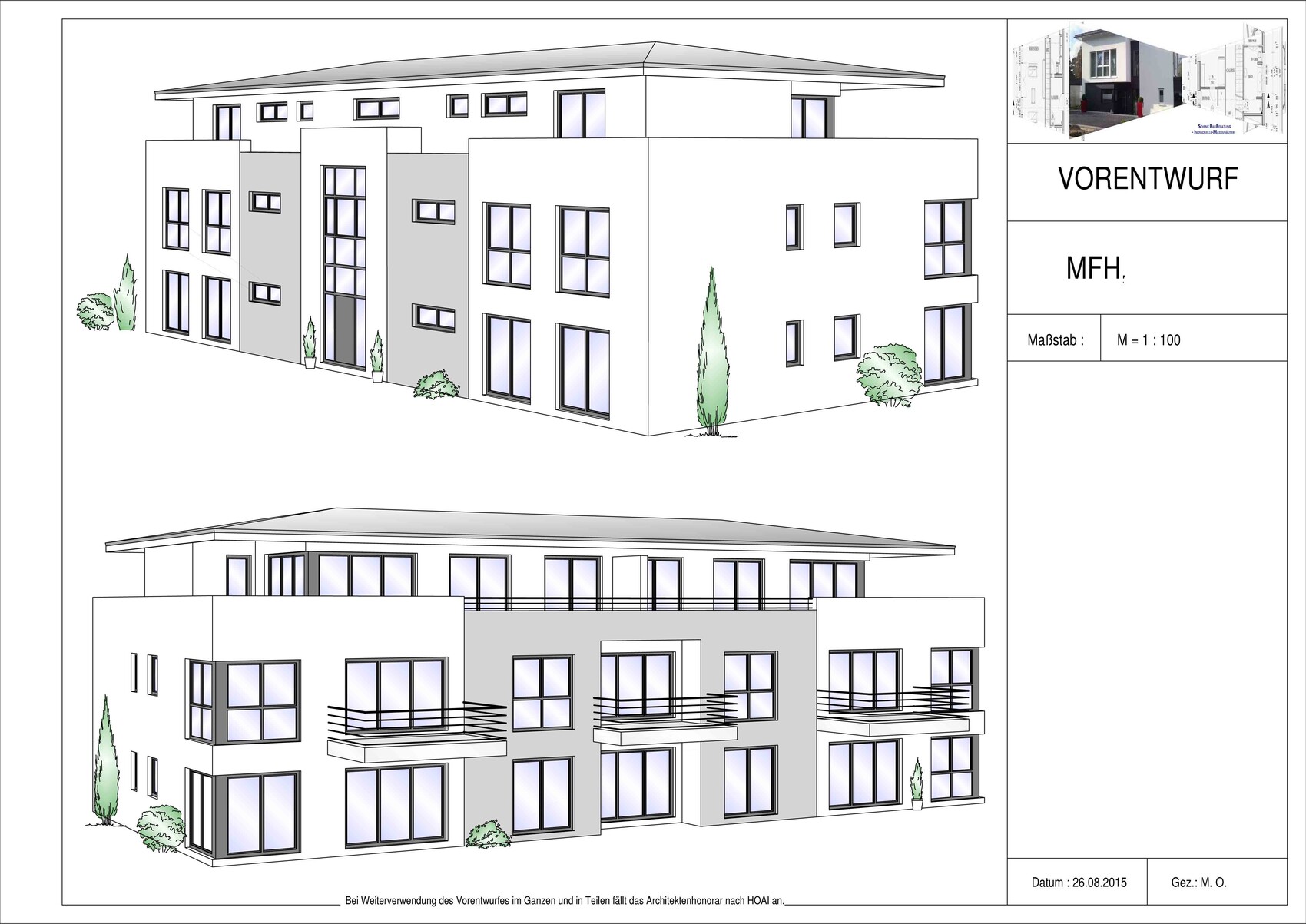 Zwei 3D-Ansichten eines modernen Hauses mit großen Fenstern und Terrassen.