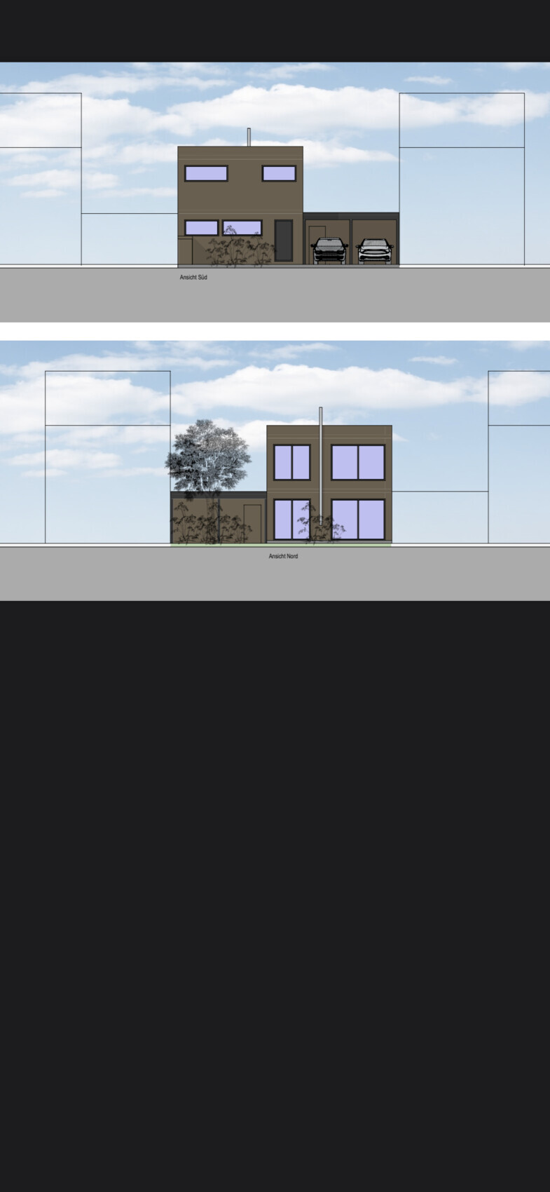 Moderne braune Hausfassade: Süd- und Nordansicht mit Garage, Autos und Bäumen.