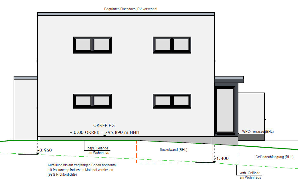 Modernes Wohnhaus mit begrüntem Flachdach, PV geplant, große Fensterfronten.