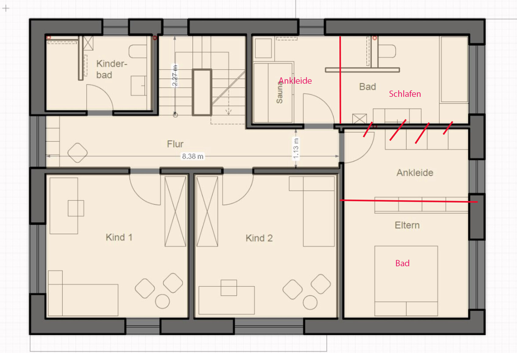 Grundriss einer Etage: Flur, Kinderbad, zwei Kinderzimmer, Elternzimmer mit Ankleide.