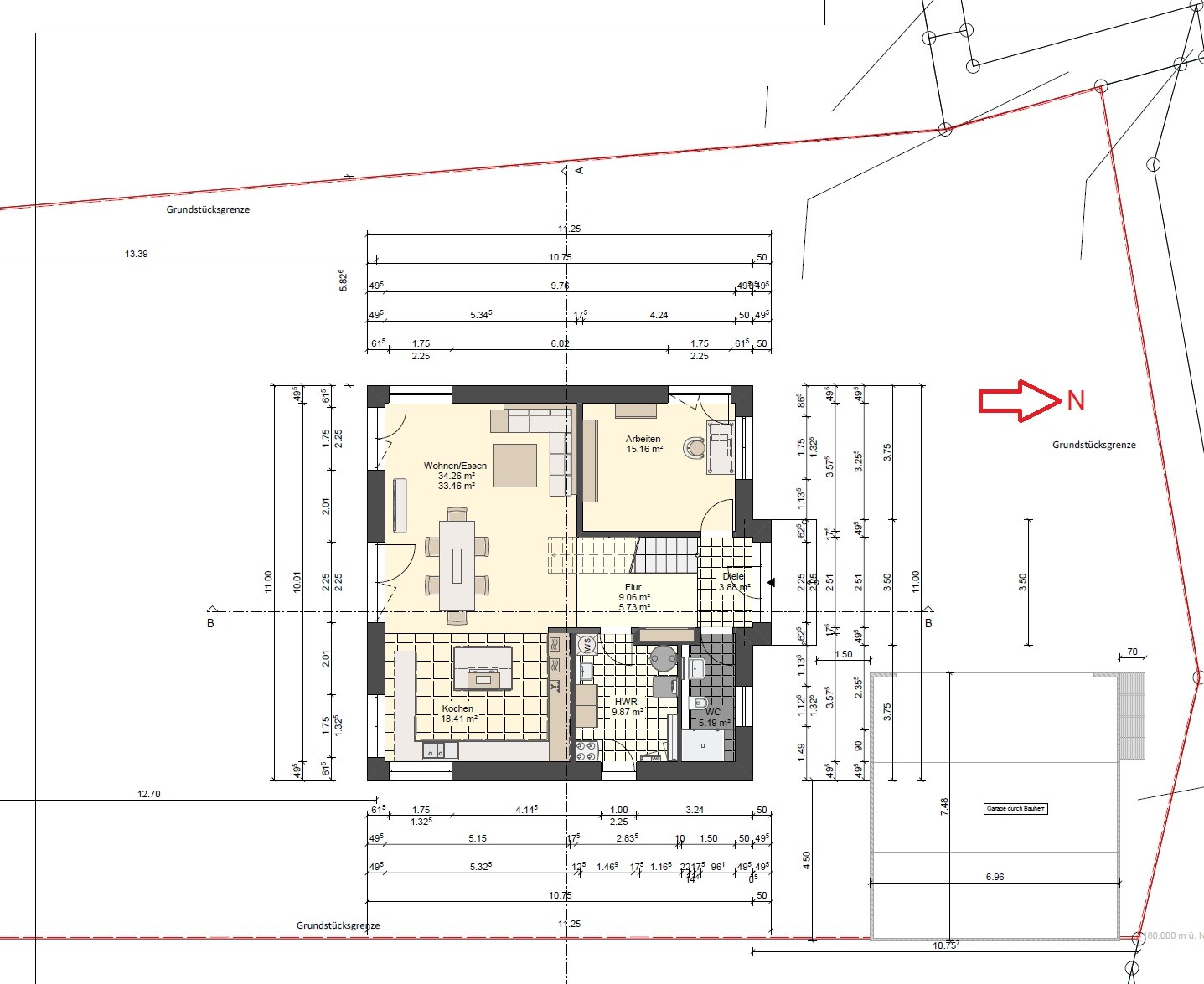 Grundriss eines Hauses: Küche, Wohnen/Essen, Arbeiten, Flur, HWR, WC; Nordpfeil.