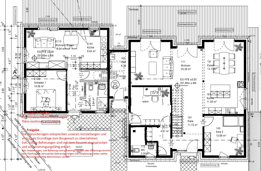Grundriss eines Einfamilienhauses: Wohnzimmer, Küche, Essbereich, Schlafzimmer, Bad, Diele, Terrasse.