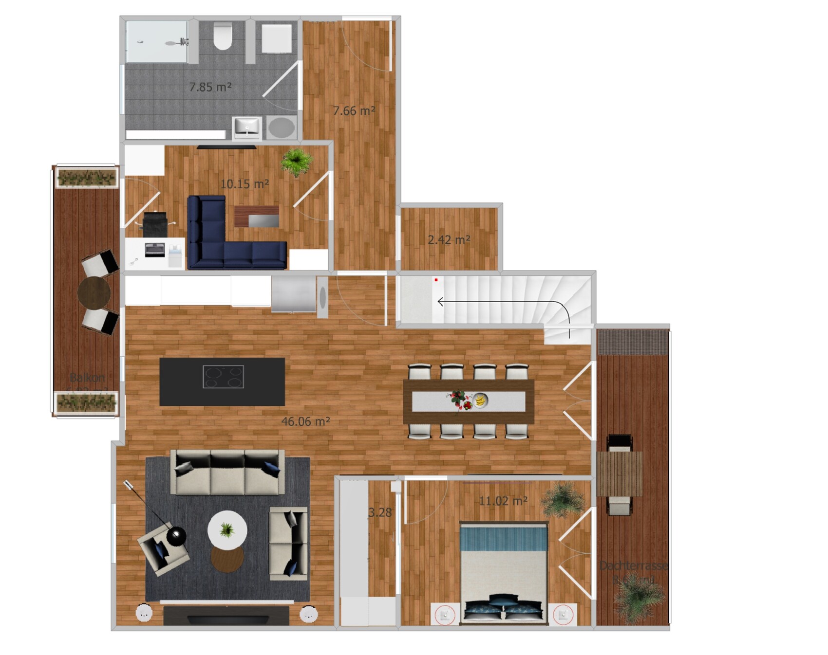 Top-Down-Grundriss einer Wohnung: offener Wohn-/Küchebereich, Schlafzimmer, Bad, Balkon/Terrasse.