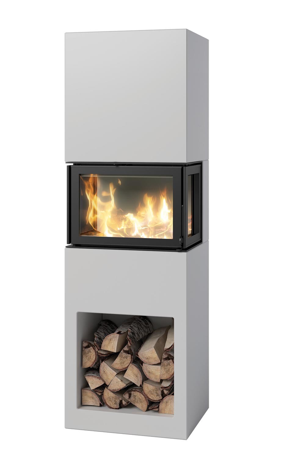 Moderner Holzofen mit großer Glasscheibe und darunter Holzlagerfach im grauen Gehäuse.