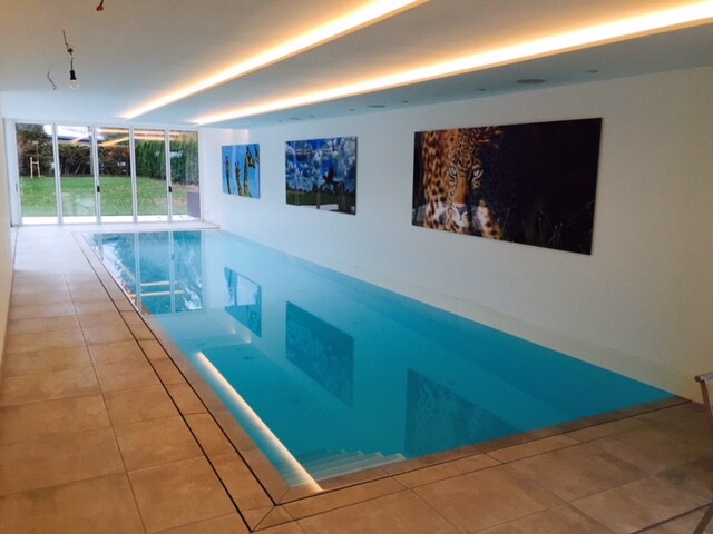 Innenpool in moderner Halle mit Glasfenstern, Wandbildern und reflektierendem Wasser.