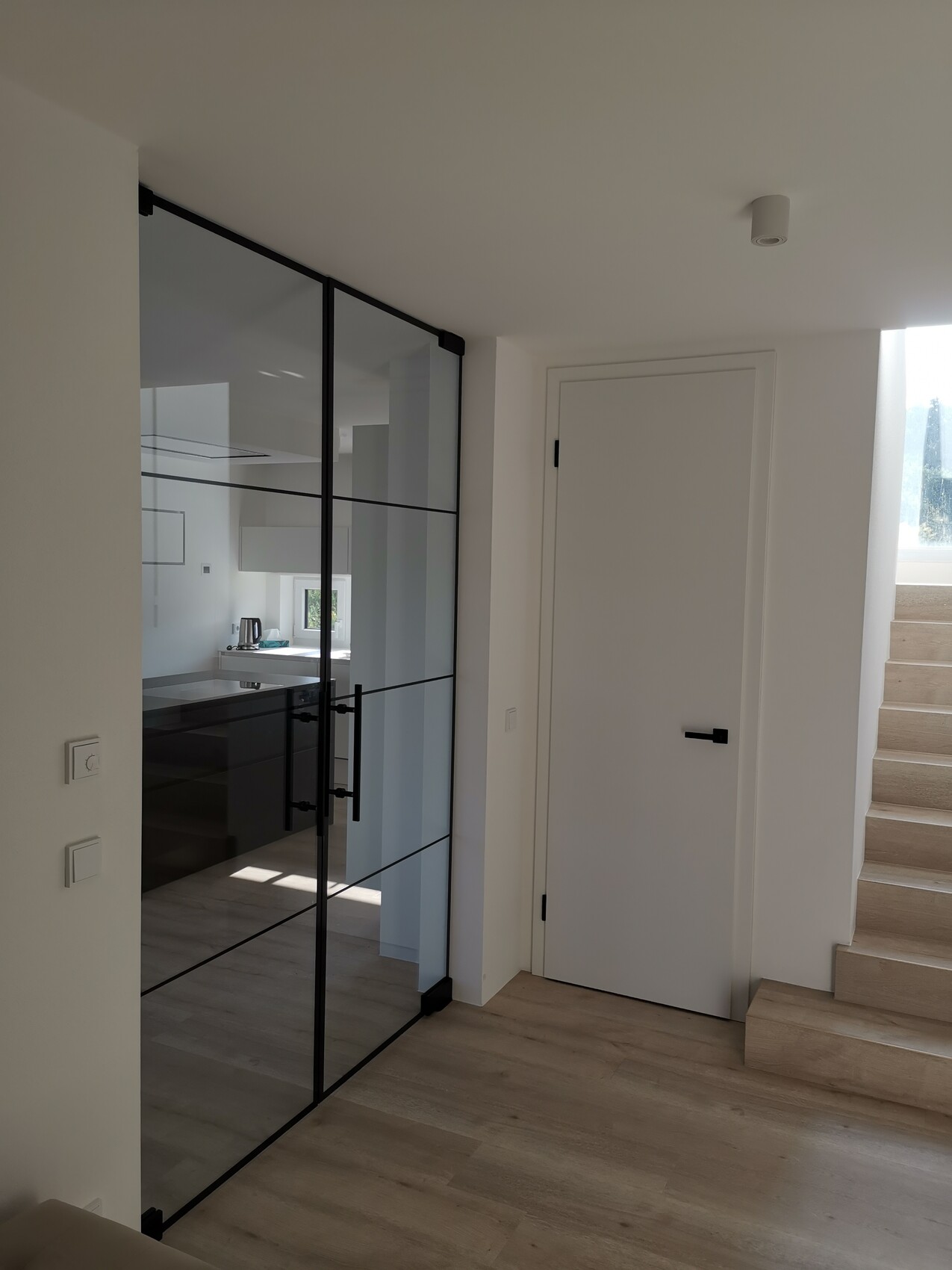 Moderne Innenansicht: Flur mit Glas-Trennwand im schwarzen Metallrahmen, Tür rechts, Küche sichtbar.