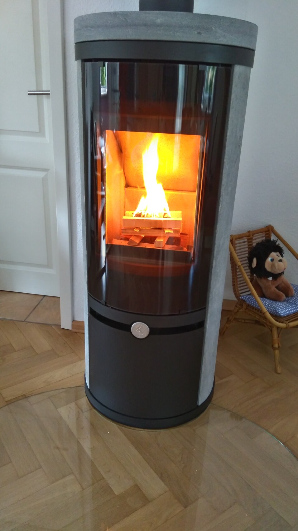 Moderner Kaminofen mit offenem Feuer hinter Glastür, daneben Spielzeuglöwe auf Korbsessel.