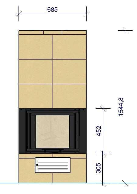 Kachelofen mit beige Fliesenverkleidung, schwarzem Feuerraum und unten Lüftungsgitter.