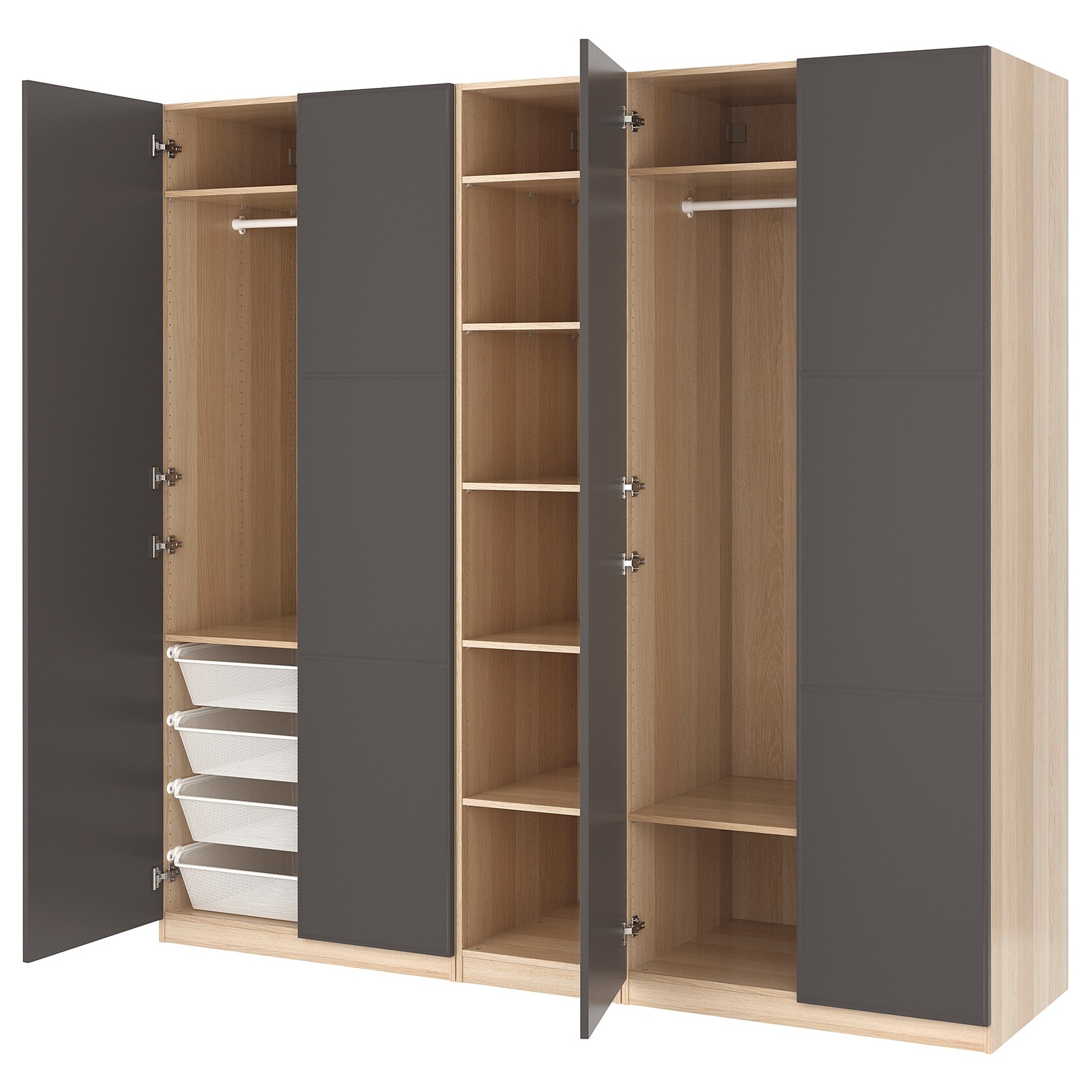 Großer Holzschrank mit grauen Türen, offene Fächer, Stangen und Schubladen