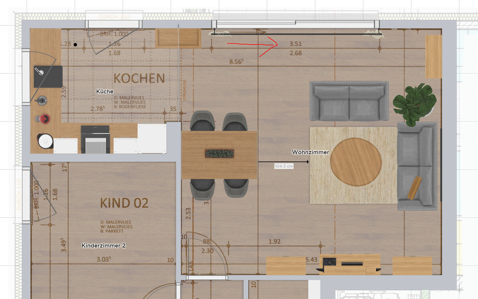 Top-Down-Grundriss: Küche links, Essbereich Mitte, Wohnzimmer rechts, Kinderzimmer unten links.