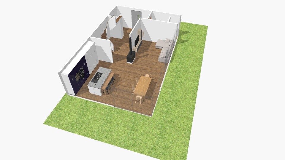 Isometrischer Grundriss eines Hauses: Küche mit Insel, Essbereich, Wohnzimmer, Garten.