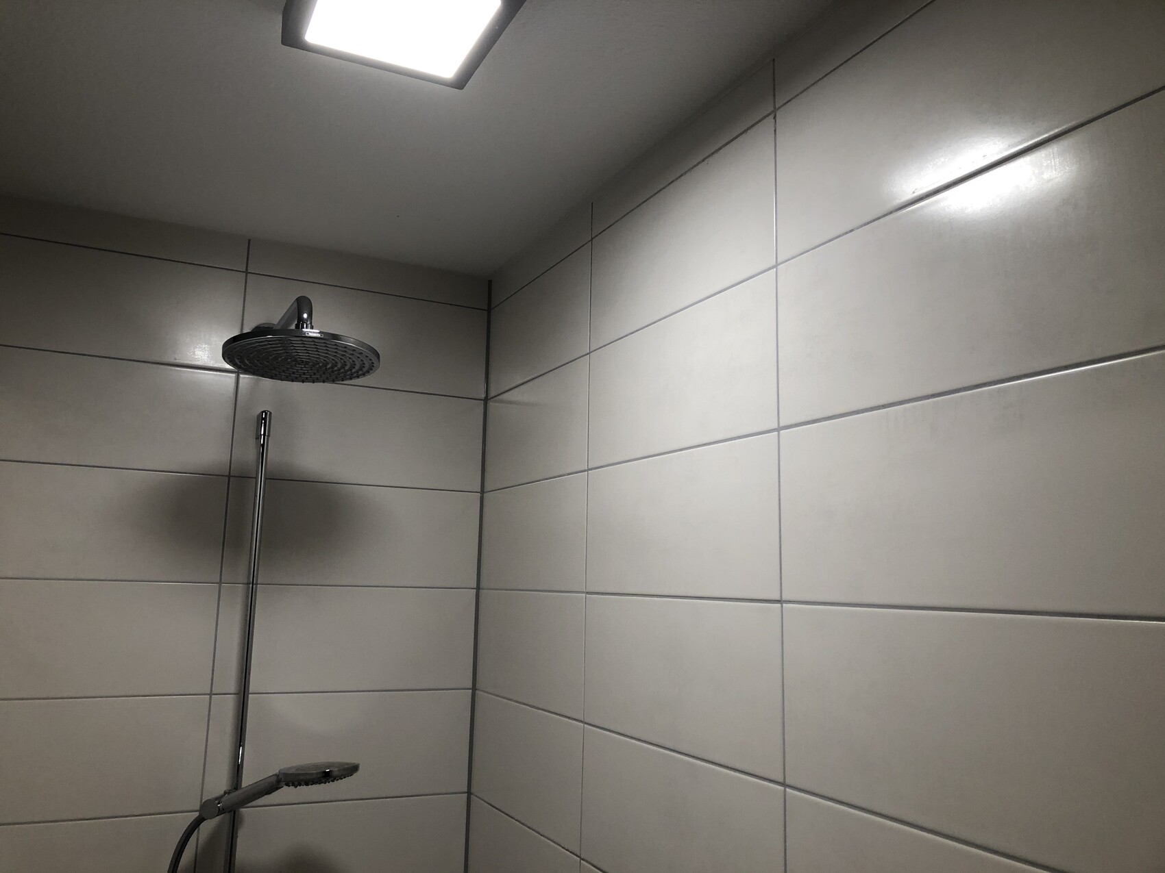 Duschbereich mit großem runden Regenduschkopf und Handbrause an Wandfliesen, Deckenleuchte sichtbar.