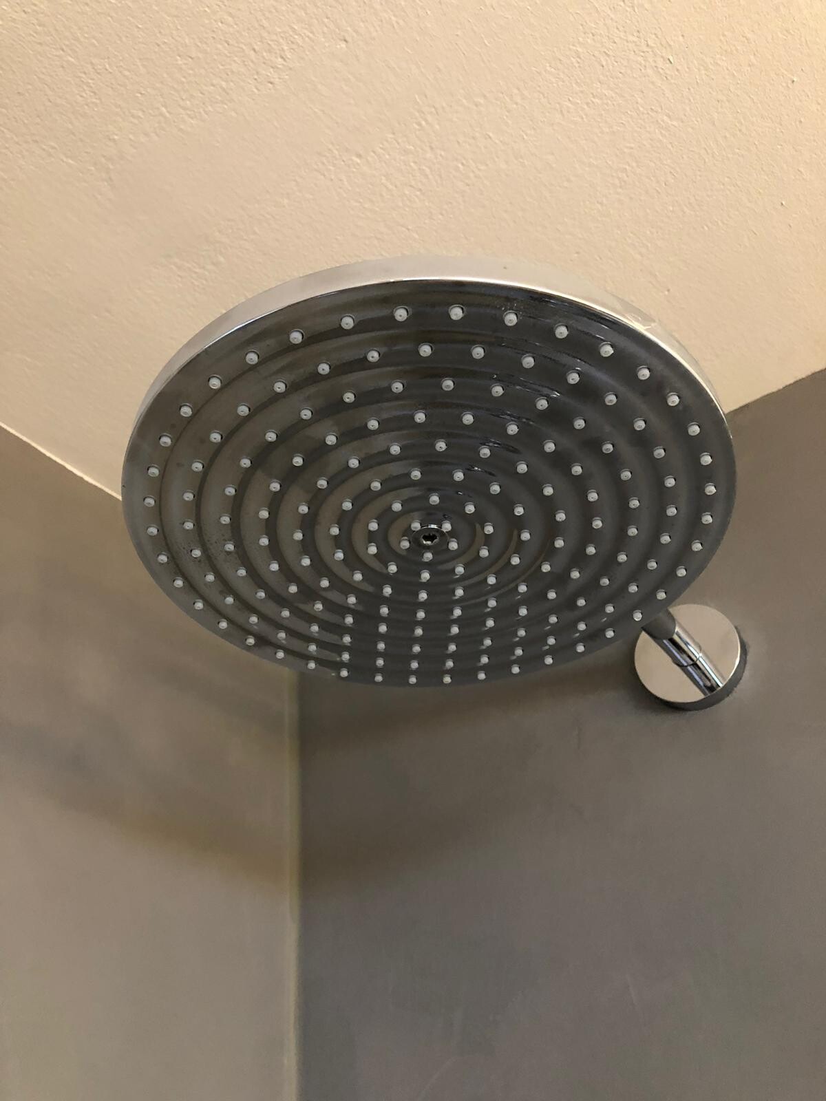 Runder Regen-Duschkopf mit vielen Düsen, silber/chrom, an Armhalterung in der Dusche montiert.