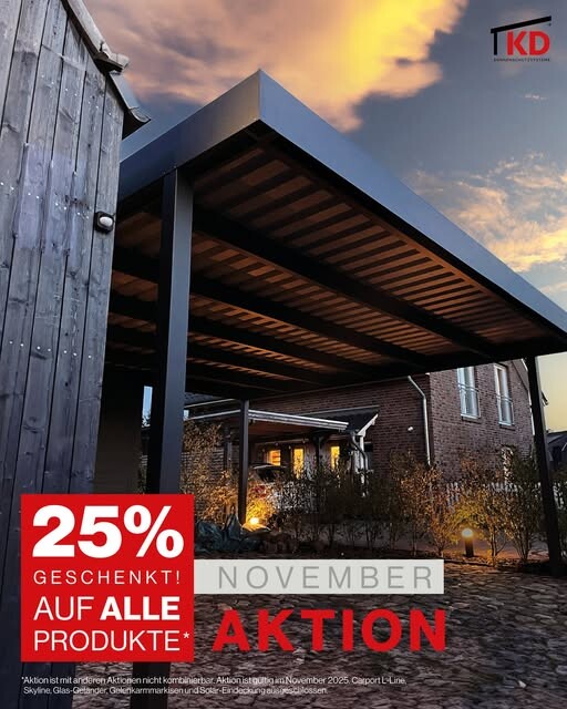 Moderner Stahlcarport mit Flachdach vor einem Wohnhaus bei Abendlicht.