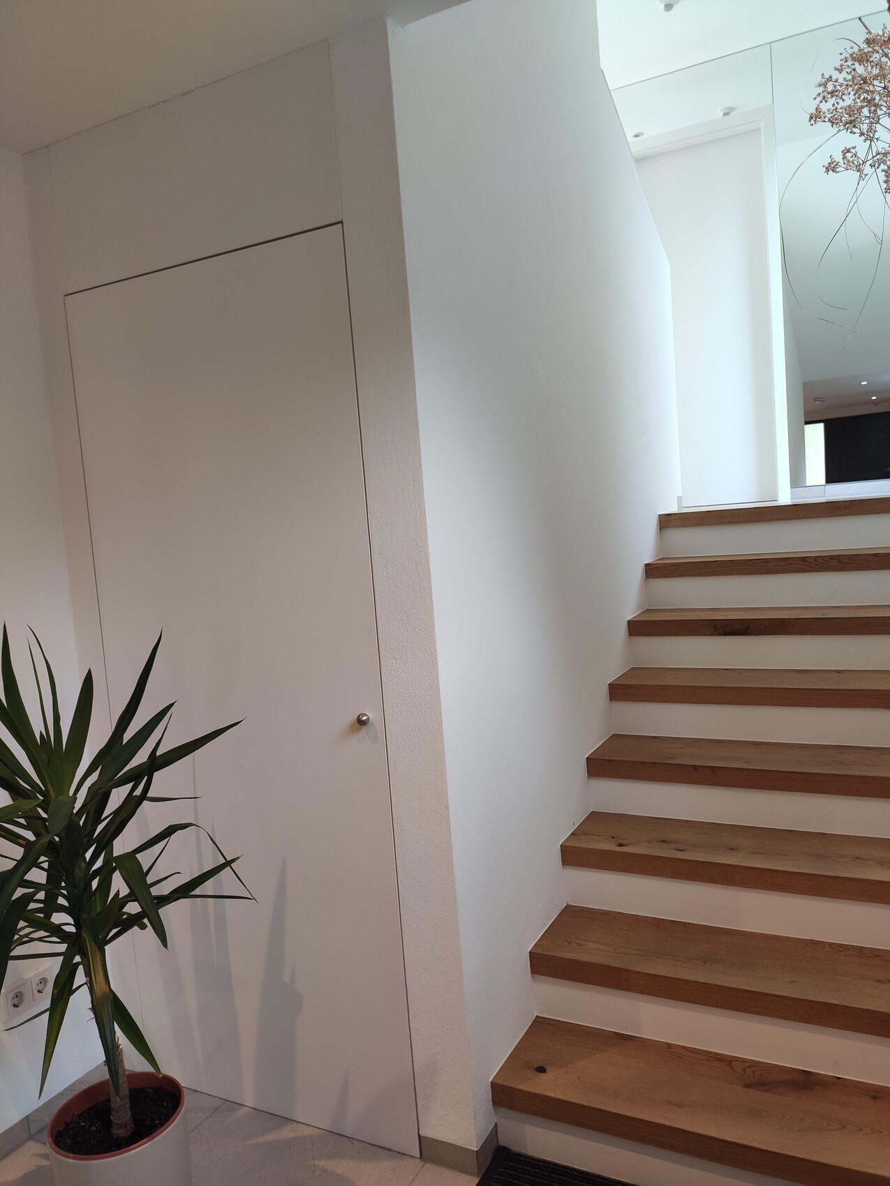 Heller Innenraum mit weißer Wand, linke Tür, rechts Holztreppe, Pflanze unten links.