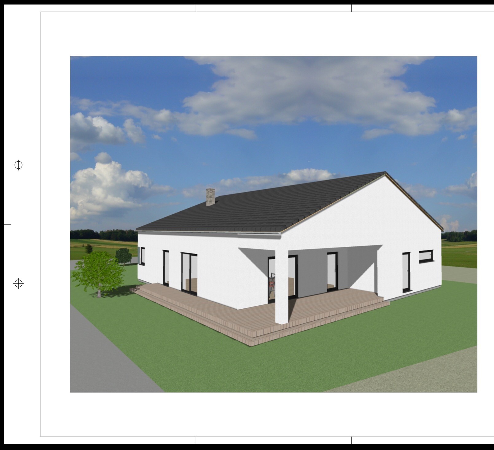 Moderne weisses Einfamilienhaus als 3D-Modell mit grauem Dach und Holzterrasse