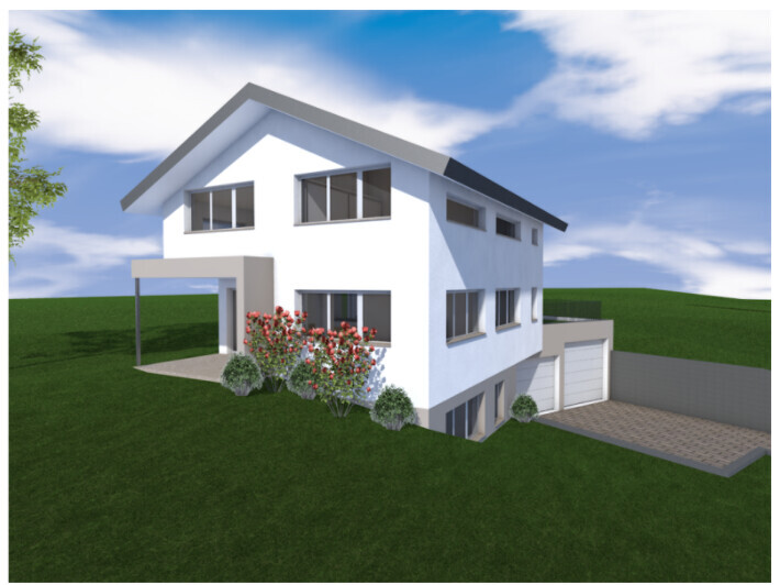 Moderner weißer Einfamilienhaus-Modell mit Garage, Garten und Zufahrt.