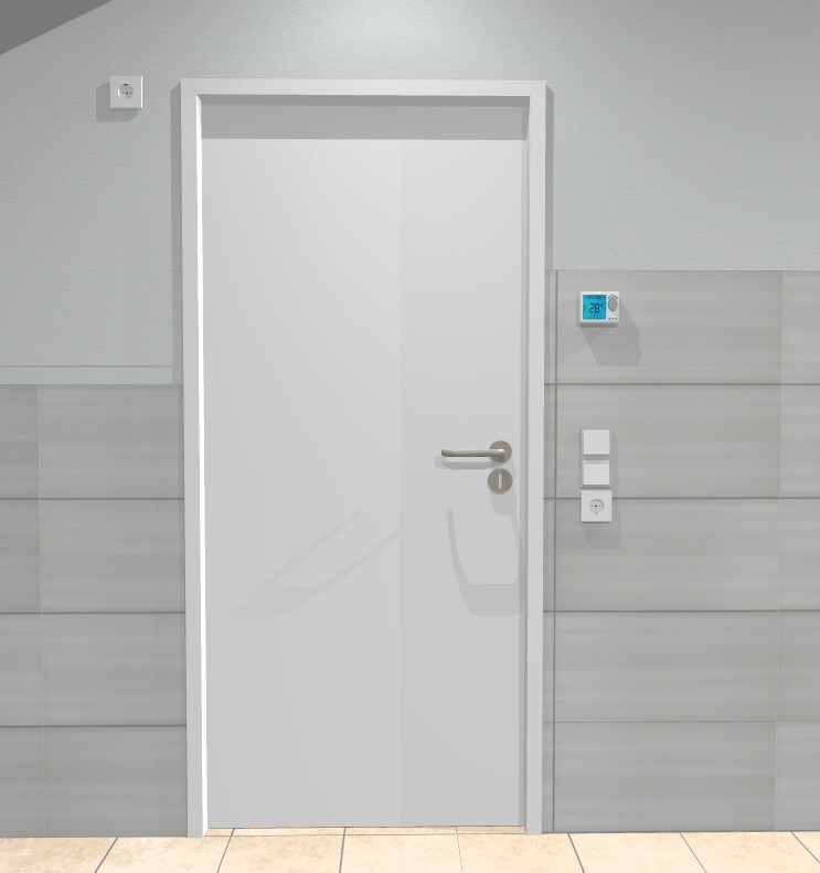 Weiße Tür in modernem Flur mit silbernem Griff; Thermostat an der Fliesenwand rechts.