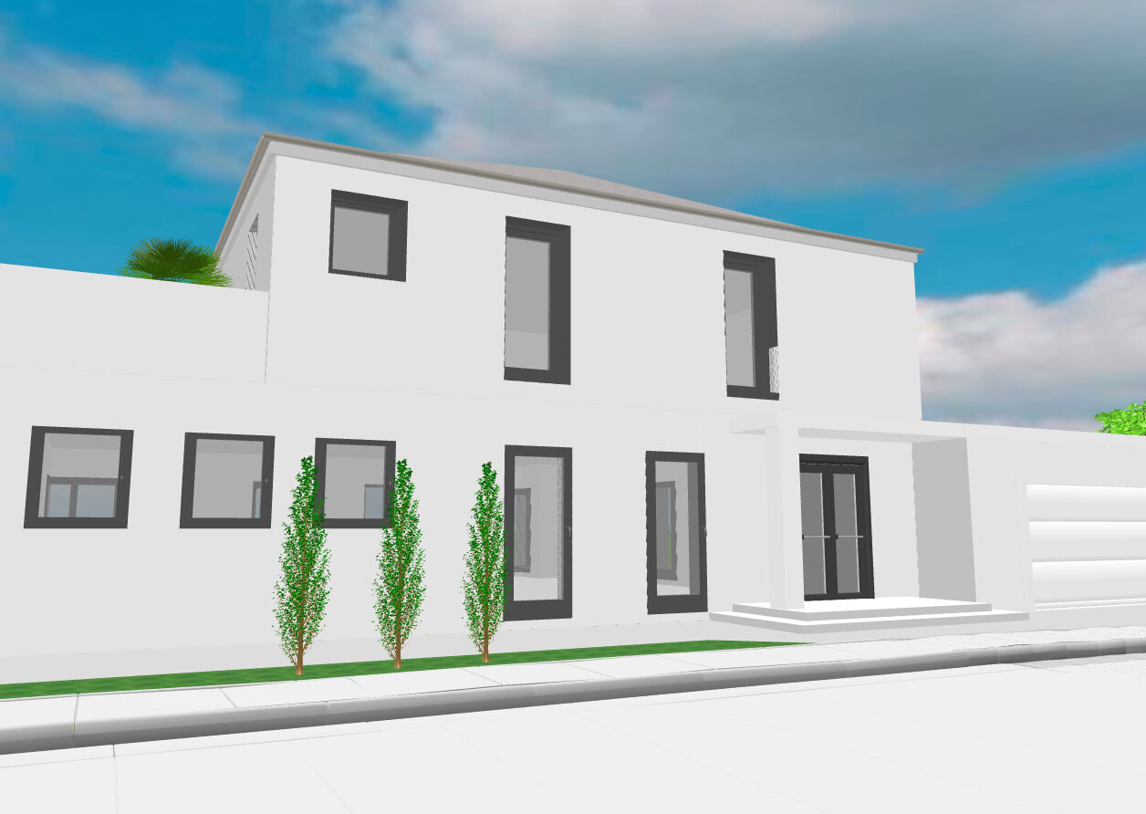 Moderne weiße Villa mit großen bodentiefen Fenstern, Eingangsbereich, Garage und drei Sträucher
