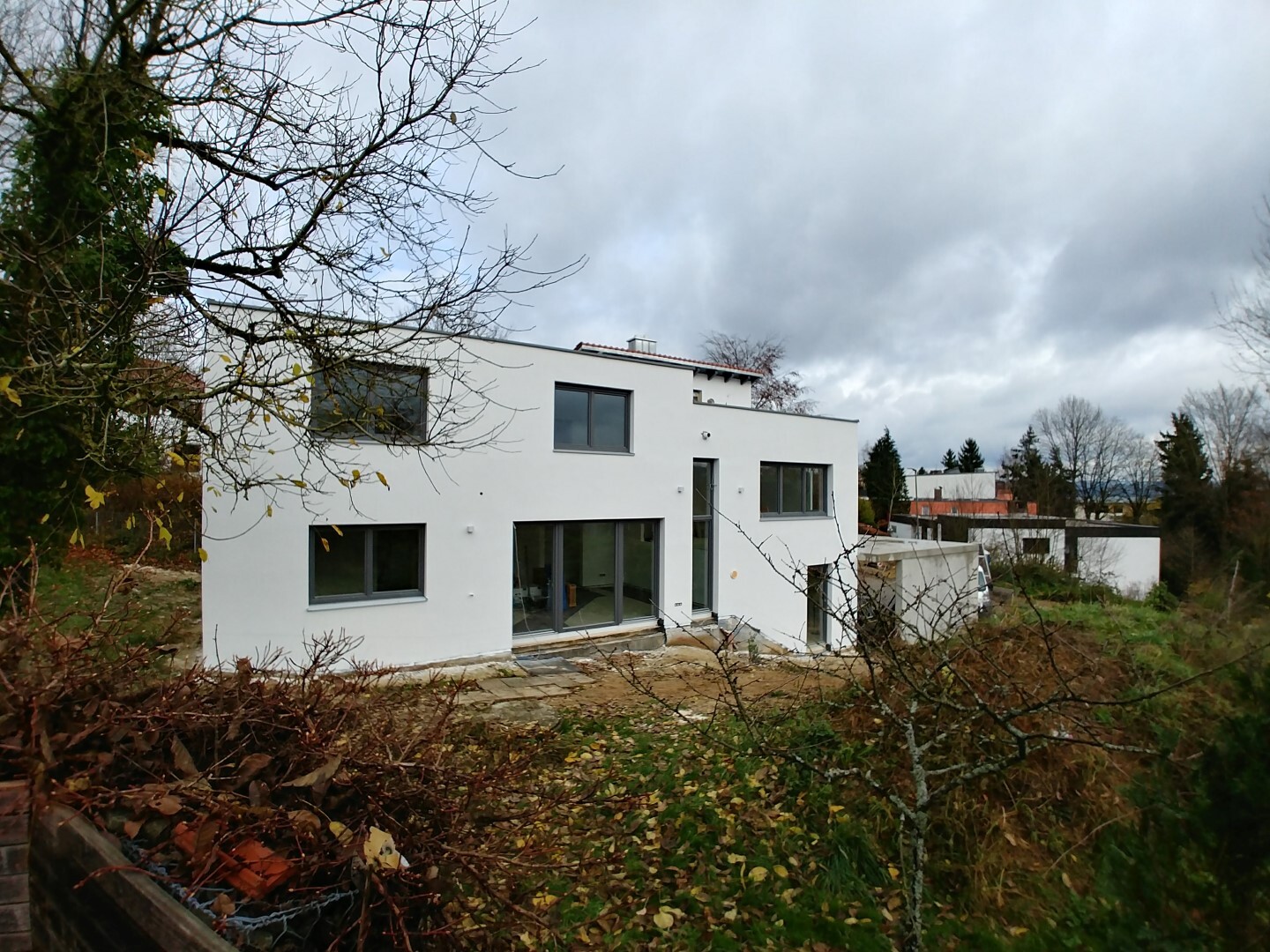 Weißes modernes Wohnhaus mit Flachdach und großen Fenstern, umgeben von kahlen Bäumen im Garten