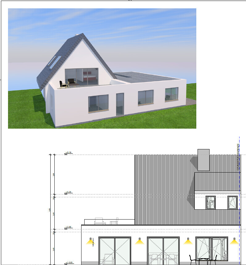 Moderne weiße Villa mit steilem Giebel, großen Fenstern, grünem Garten und Grundriss.