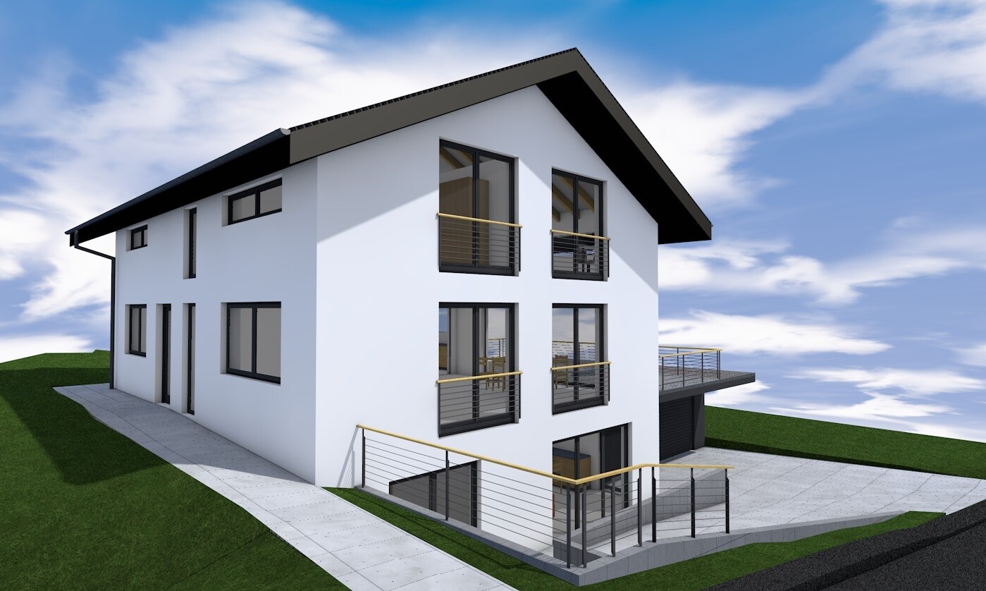 3D-Rendering eines modernen weißen Hauses mit großen Fenstern, Balkonen und Terrasse