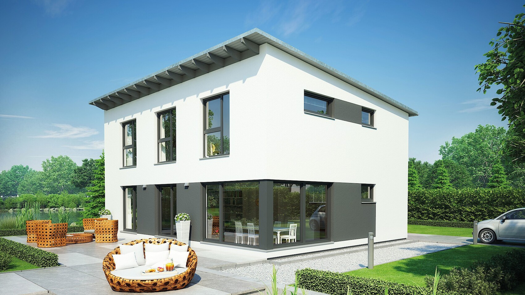 Moderne zweistöckige weiße Villa mit großen Glasfronten, Terrasse mit Korbsesseln, Garten und Auto.
