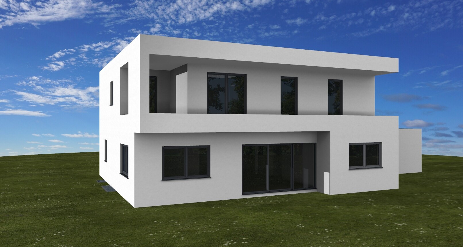 Moderne weiße zweigeschossige Villa mit flachen Dächern, großen Glasfenstern und Grünfläche.