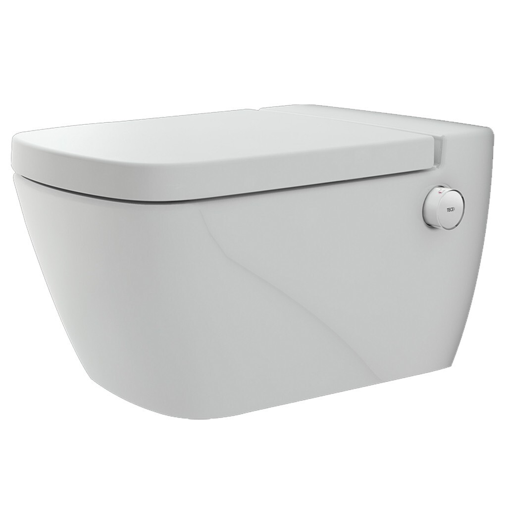 Weiße moderne Toilette mit geschlossenem Deckel und seitlichem Spülknopf rechts