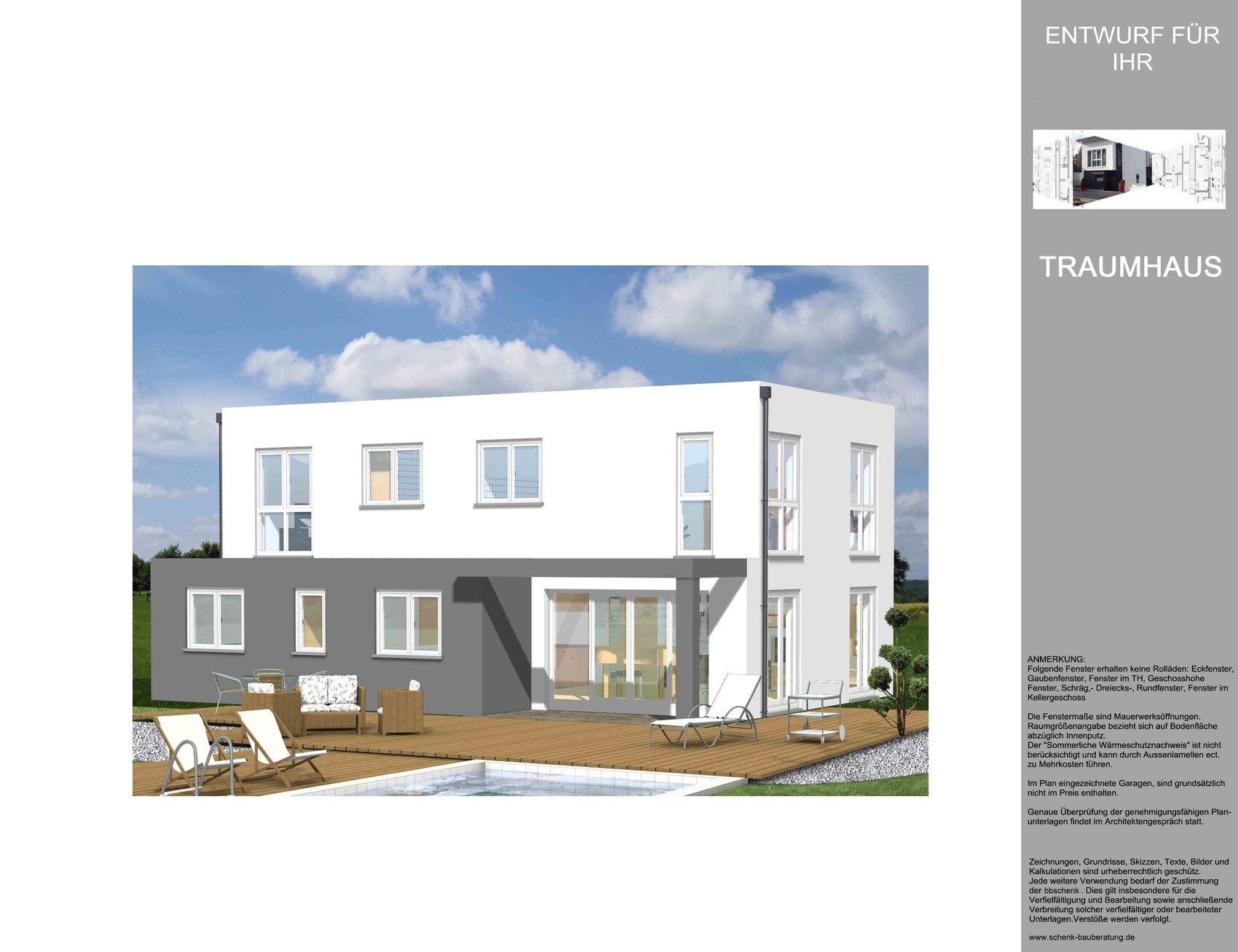 Modernes zweistöckiges Haus: weiße Fassade oben, graue Fassade unten, Holzterrasse.