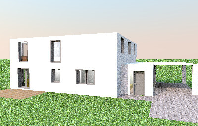 Moderne weiße 3D-Renderansicht eines Einfamilienhauses mit Garten und Carport