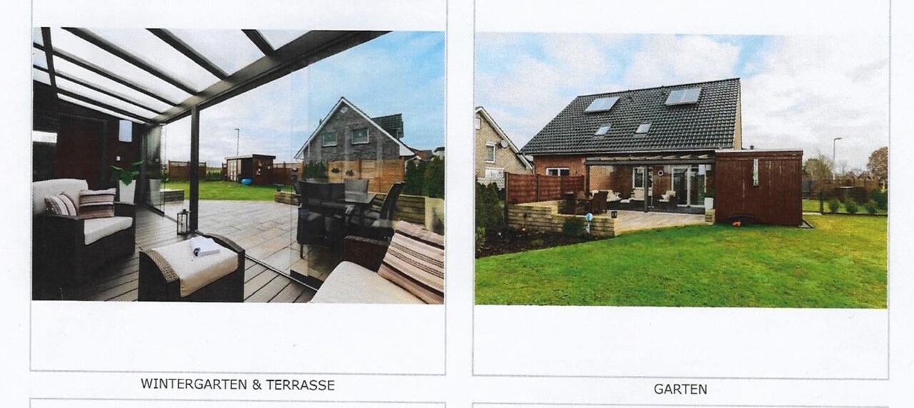Zwei Ansichten: links Wintergarten mit Terrasse, rechts Garten und Haus.