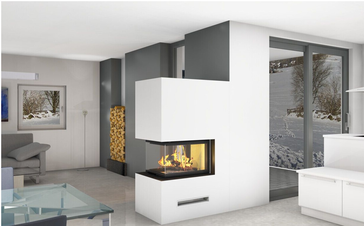 Moderner Wohnraum mit Kamin, weißer Wand und Glas-Schiebetür.