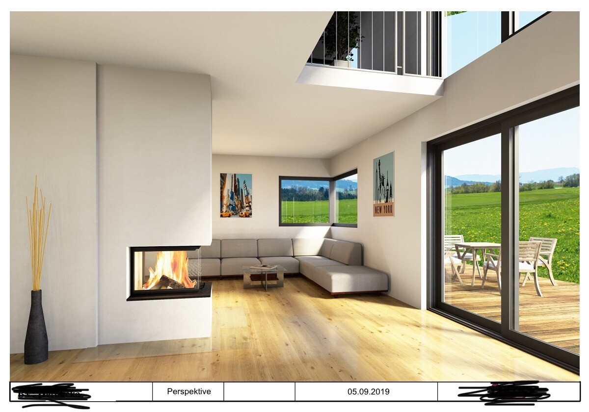 Modernes Wohnzimmer mit Kamin, Ecksofa, Holzboden und Glas-Schiebetüren zur Terrasse