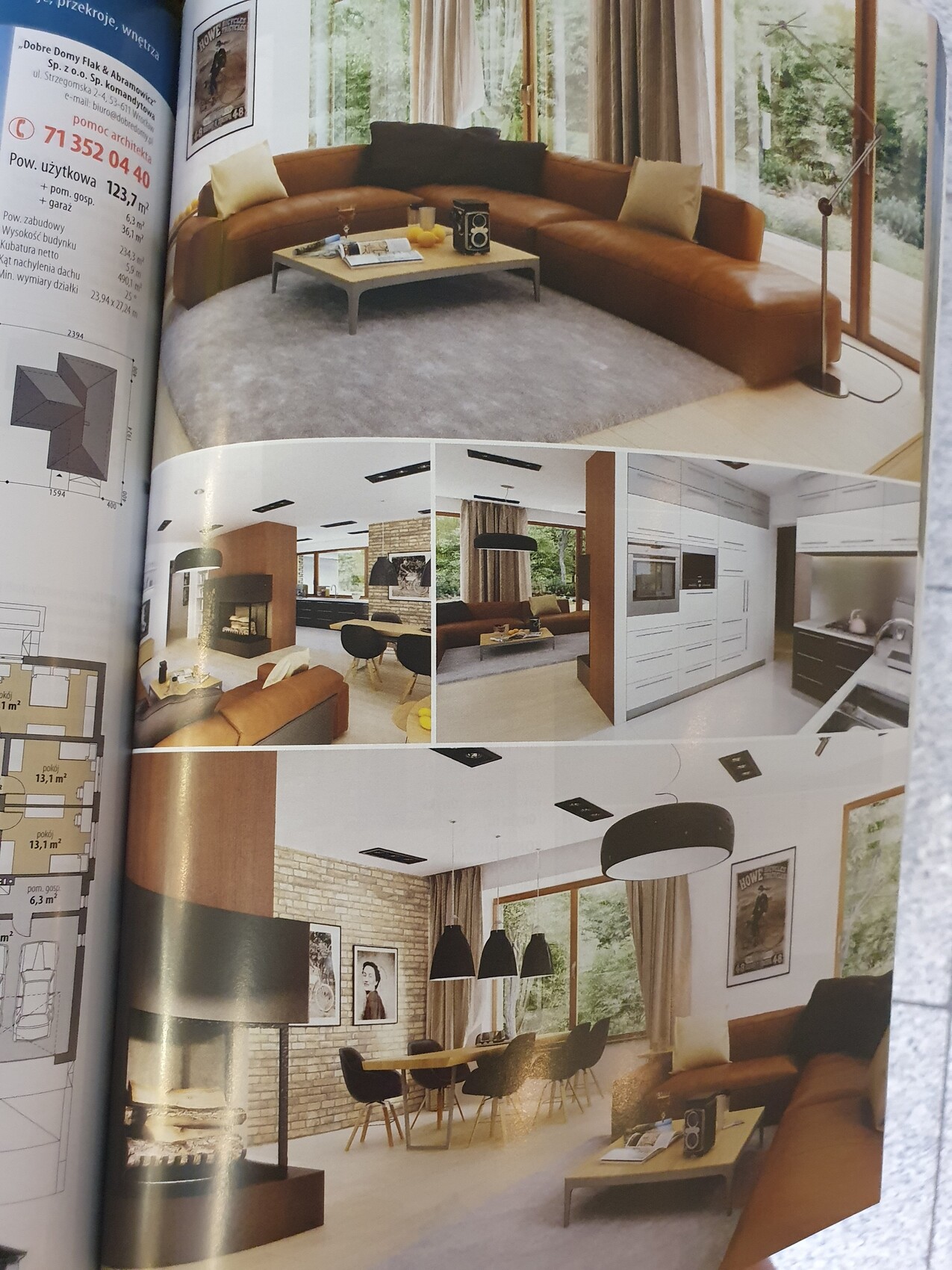 Moderne Wohnzimmer-Szene mit braunem Ledersofa, Kamin, Esstisch und offener Küche