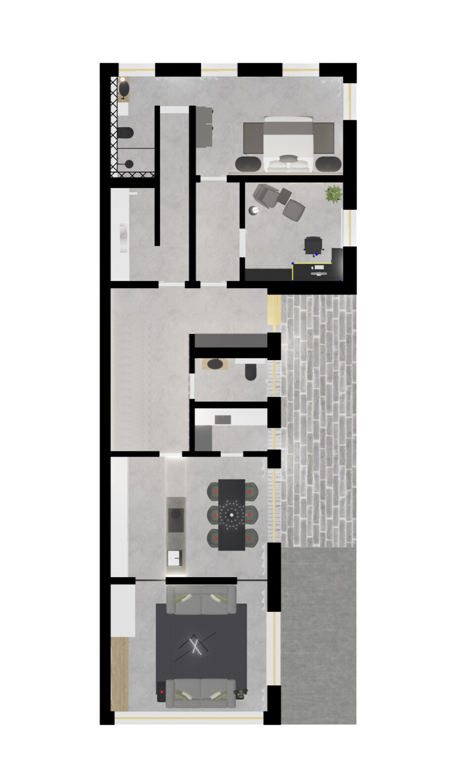 Grundriss eines Hauses von oben mit Schlafzimmer, Büro, Esszimmer, Küche, Wohnzimmer und Terrasse.