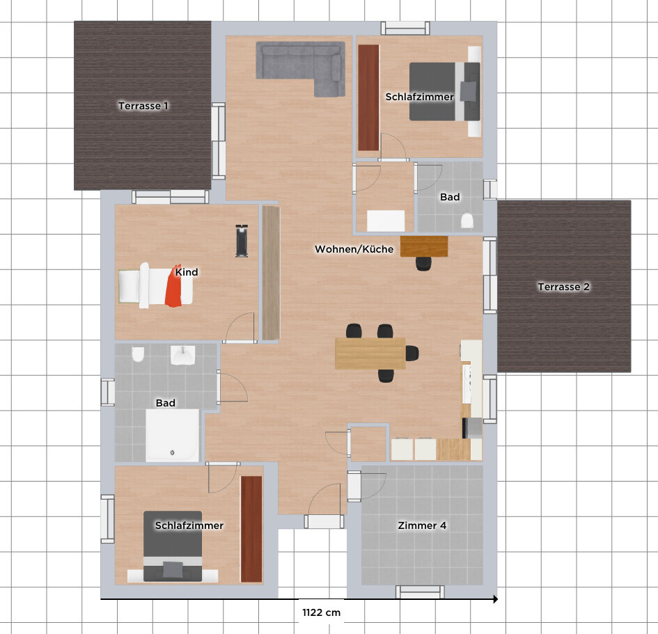 Grundriss: Wohnzimmer/Küche, 4 Zimmer (2 Schlafzimmer, Kind, Zimmer 4), Bad, 2 Terrassen.