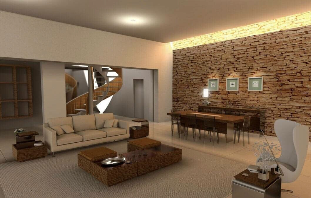 Offenes Wohnzimmer mit Steinwand, Esstisch, Sofa und moderner Dekoration; Treppe im Hintergrund.