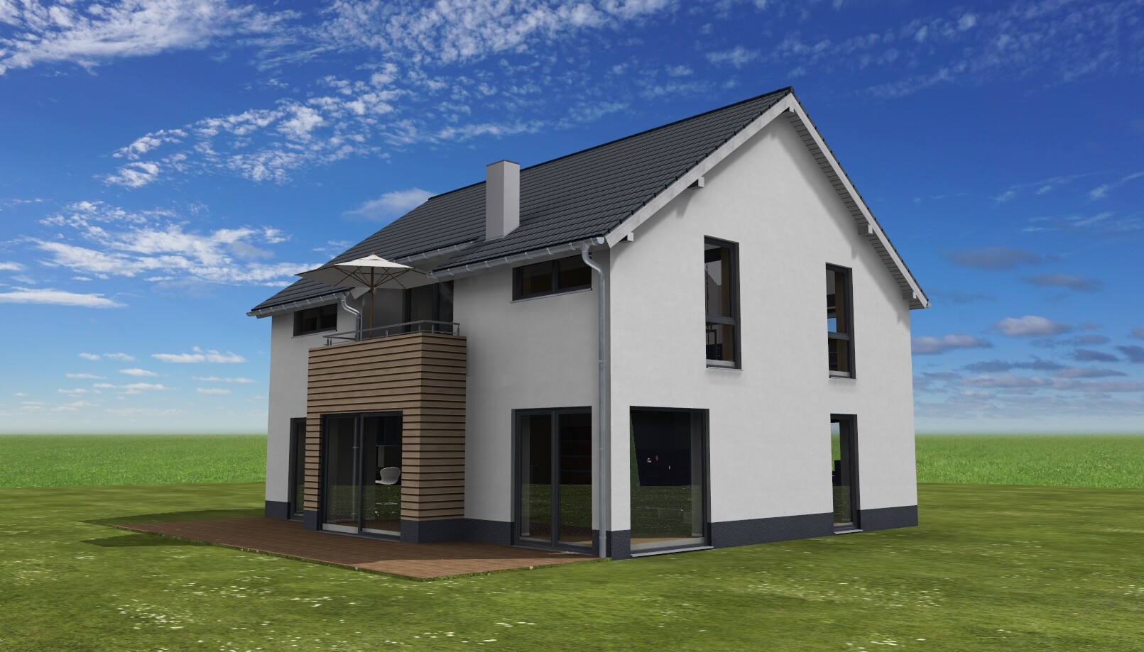 Modernes zweistöckiges Haus mit weißer Fassade, dunklem Dach, Holzterrasse und Glasfronten auf Gras.