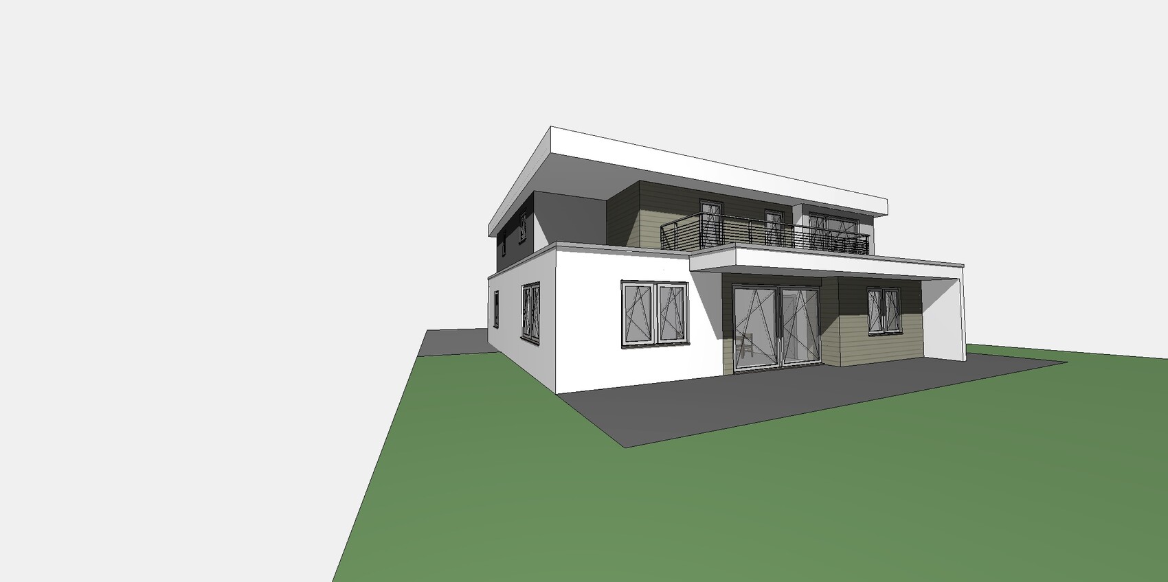 Moderne Zweigeschoss-Villa mit Flachdach, Balkon, großen Fenstern und Terrasse.