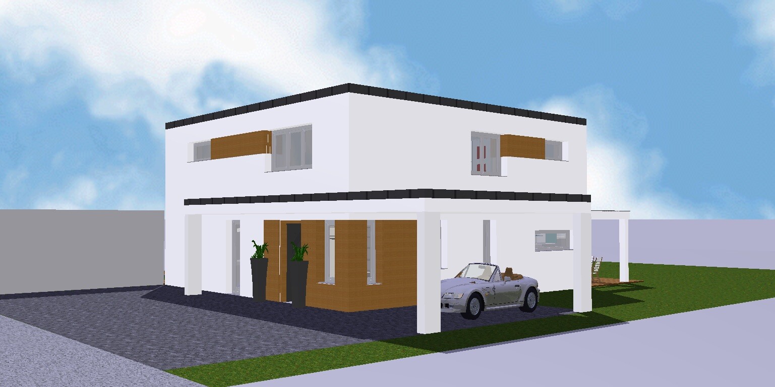 Moderne weiße, zweistöckige Hausfront mit Carport, graues Cabrio und Holzakzenten; Gartenpflanzen.