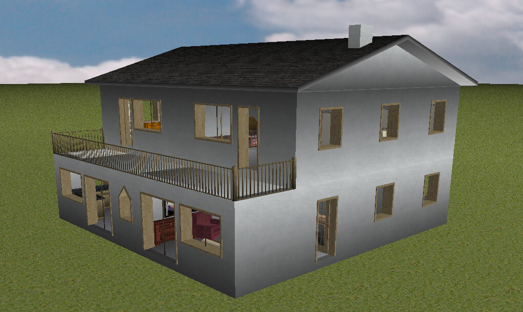 3D-Render: Zweistöckiges graues Haus mit umlaufendem Balkon, vielen Fenstern, Grasumgebung.
