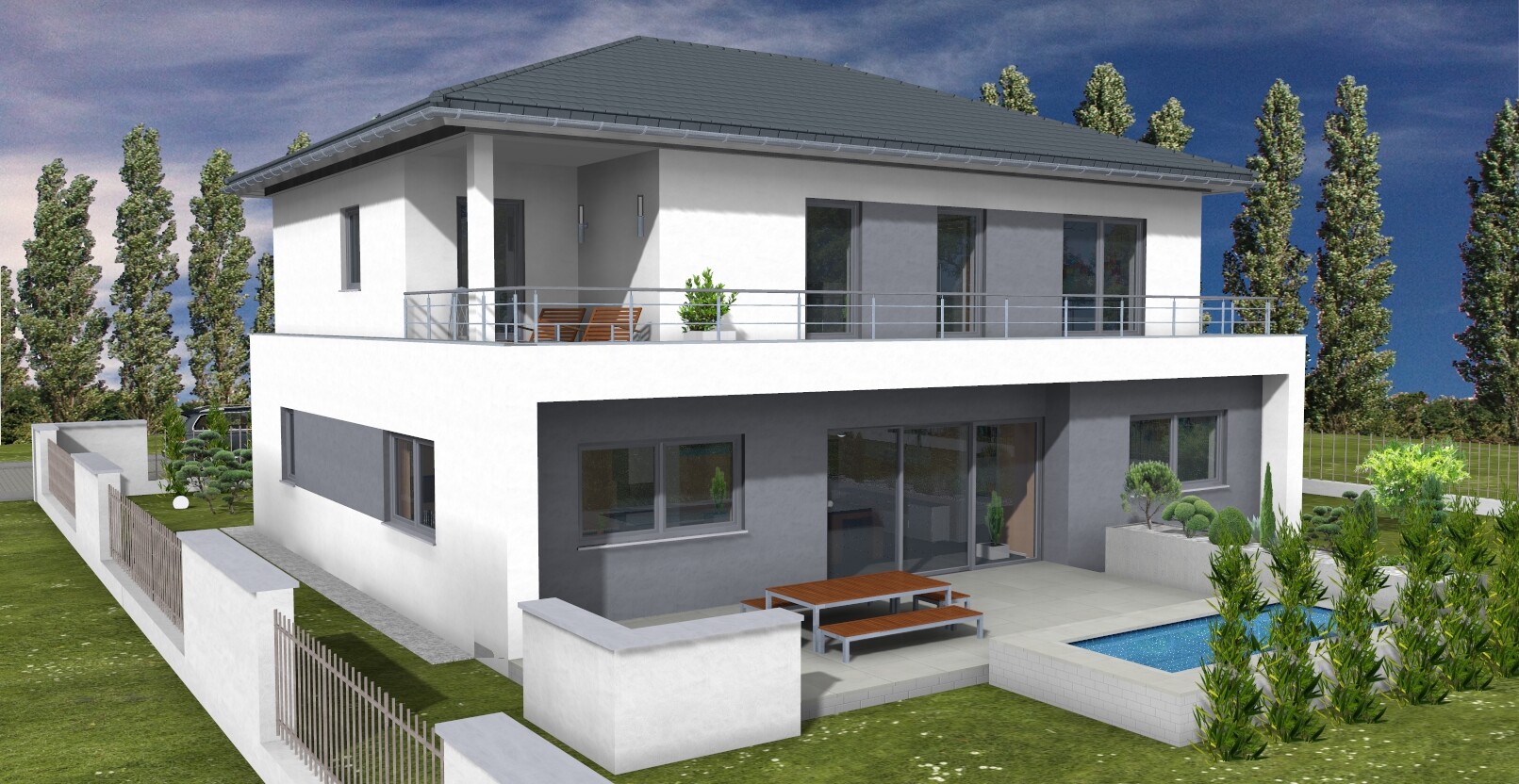 Modernes zweistöckiges Haus mit weißer Fassade, Balkon, Terrasse, Pool und Garten.