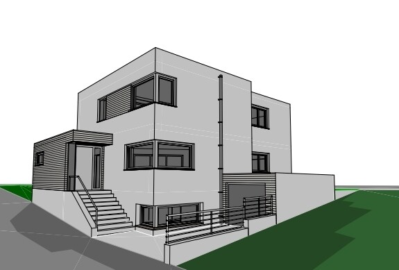 Modernes zweistöckiges Wohnhaus mit großen Fenstern, Treppe und Geländer auf grünem Grundstück.