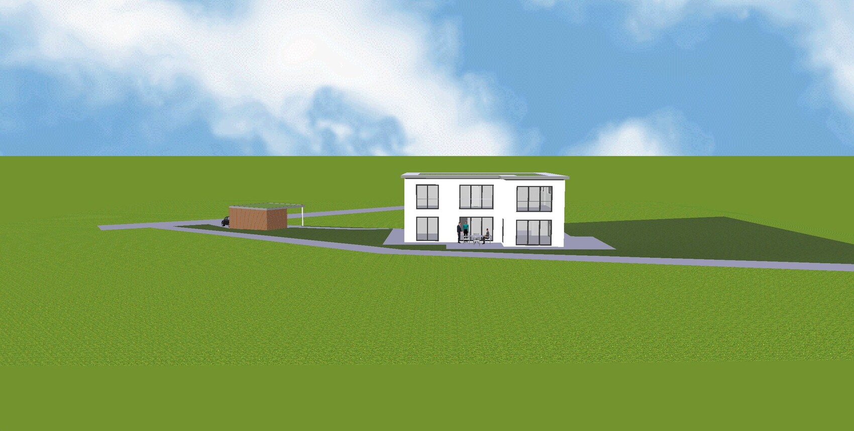 Moderne weiße zweistöckige Villa mit großen Fenstern, Terrasse mit Personen und Carport im Grünen.