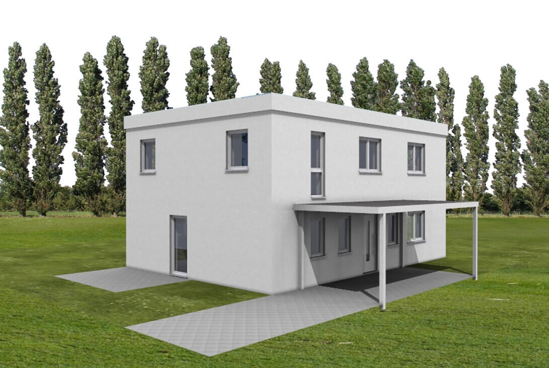 Modernes weißes Haus mit Flachdach, Carport und gepflastertem Weg auf grünem Grundstück.