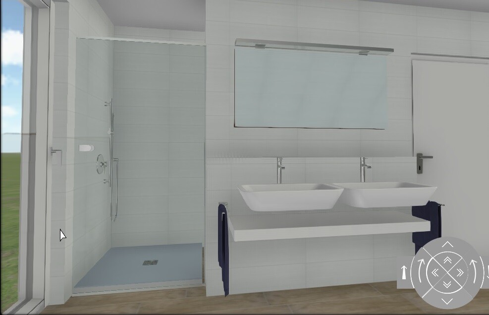 Modernes Badezimmer mit Doppelwaschbecken, Dusche und Spiegel.